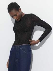 Maija 女式黑色闪亮拼接百搭紧身衣，派对俱乐部装，可单独穿着或分层穿着，黑色闪亮水钻装饰紧身套头衫，女士服装情人节休闲女士旧款