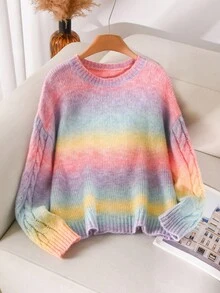 CosyJoli Pulover cu mânecă lungă și guler rotund Ombre pentru femei, mărime plus, potrivit pentru vacanță, ieșiri în oraș, naveta în toamnă/iarna - Multicolor - Vizualizare 3