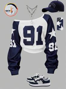 Sparklyn 少女不对称肩部91号星星图案卫衣，秋季