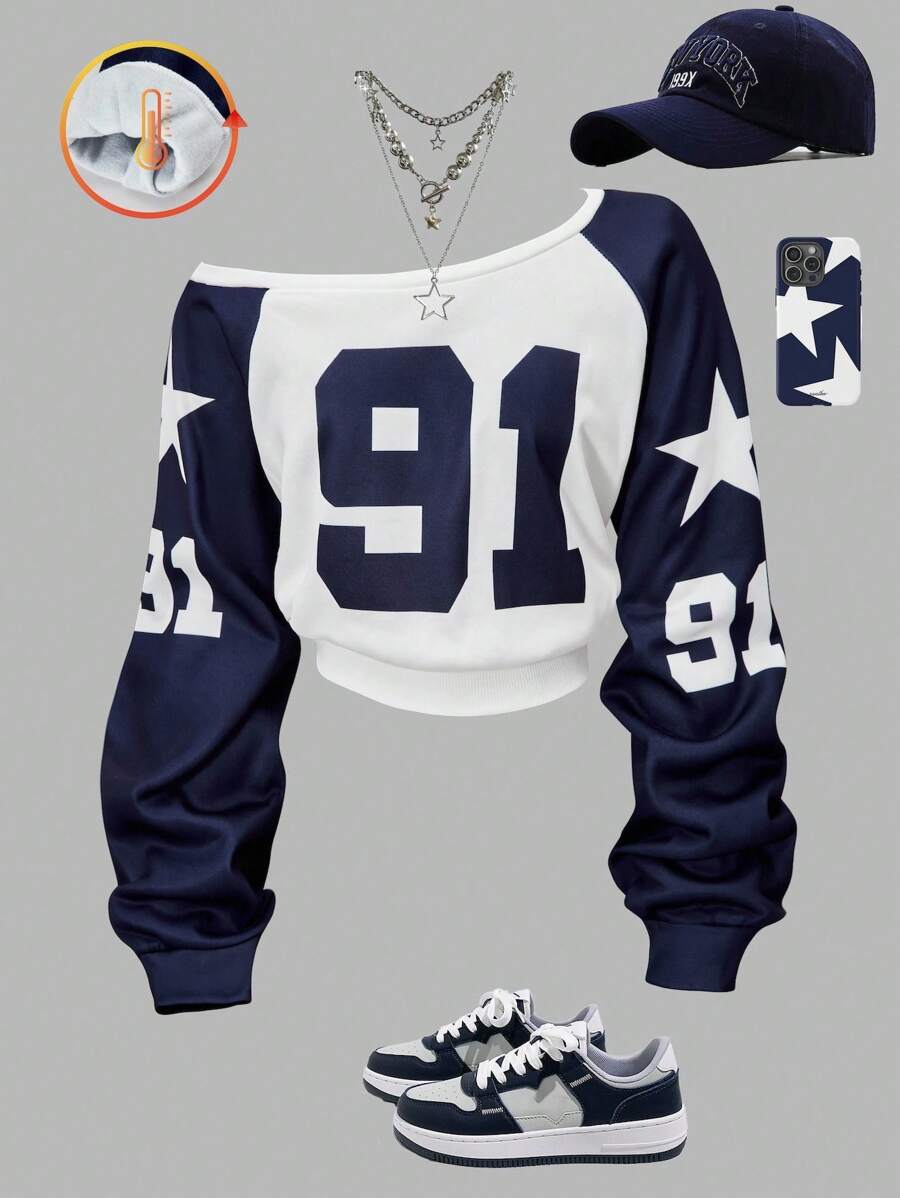 Sparklyn 少女不对称肩部91号星星图案卫衣，秋季