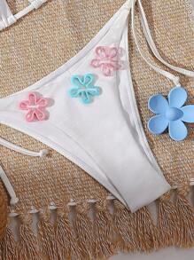 Swim Mod Conjunto de bikini de verano con Top de unicolor con estampado floral y espalda descubierta, y bikini con lazo lateral - Blanco - Ver 4