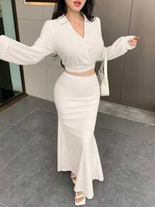 Modelyn 2 件套女式纯色长袖短款上衣和鱼尾下摆半身裙套装 - 米色 - 查看 9