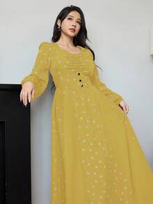 Modelyn 女式超大蝴蝶结花卉印花拼布多层连衣裙长款晚礼服 - 淡黃色 - 查看 3