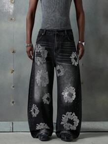 NEON BLANC Jeans casuales de corte holgado, de ajuste relajado, con patrón floral de rhinestones para hombre