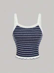 SHEIN MOD 女士藏蓝色条纹针织背心，针织吊带衫，秋季女装，返校季，办公室女装，复古风格女装，商务职业女性，邮轮度假 - 藏蓝色 - 查看 1