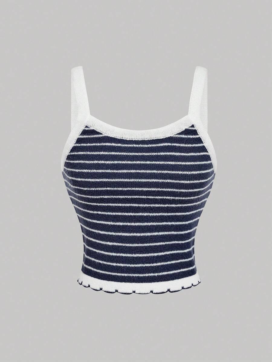 SHEIN MOD 女士藏蓝色条纹针织背心，针织吊带衫，秋季女装，返校季，办公室女装，复古风格女装，商务职业女性，邮轮度假 - 藏蓝色 - 查看 1