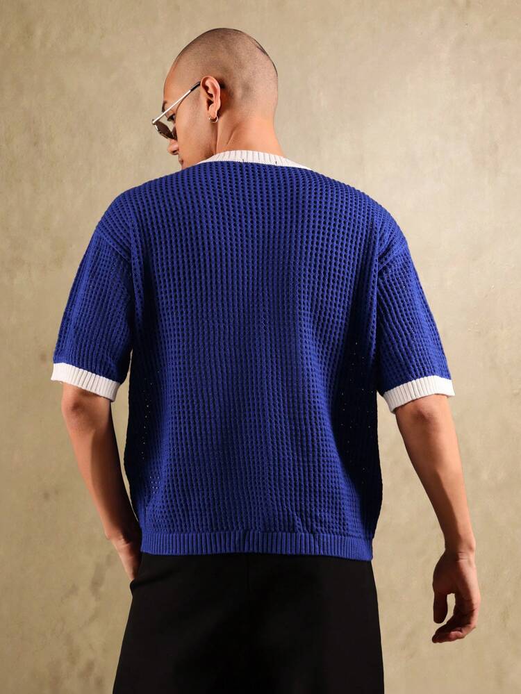 Varsity Style V-Neck Knit Sweater With Embroidered Logo