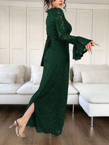 Feyla Đầm suông cổ vuông tay chuông phối ren buộc phía trước thanh lịch cho nữ - Màu xanh lá cây đậm - Xem 2