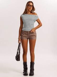 SHEIN BAE Spring, Autumn And Summer Crochet Brown Striped Off-Shoulder Asymmetrical Top T-Shirt Is Suitable For Daily Leisure, Going Out, Going Out With Girlfriends, Afternoon Tea, Commuting Leisure, Beach Vacation, And All-Match Occasions - White - View 6