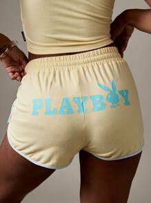 Missguided x Playboy Runner Shorts Drawstring Waistband Mid Rise Lounge Home Cotton Blend Festival Beach Leisure Runner Comfortable Summer Spring - Yellow - View 1