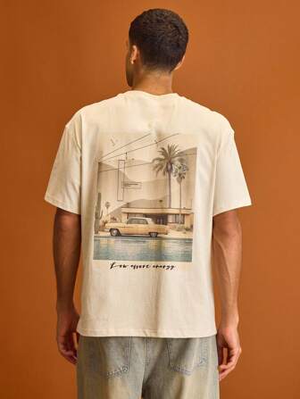 Musero Men Oversized Short Sleeve Crew Neck Back Art Work Graphic T-Shirt Autumn Winter Wardrobe