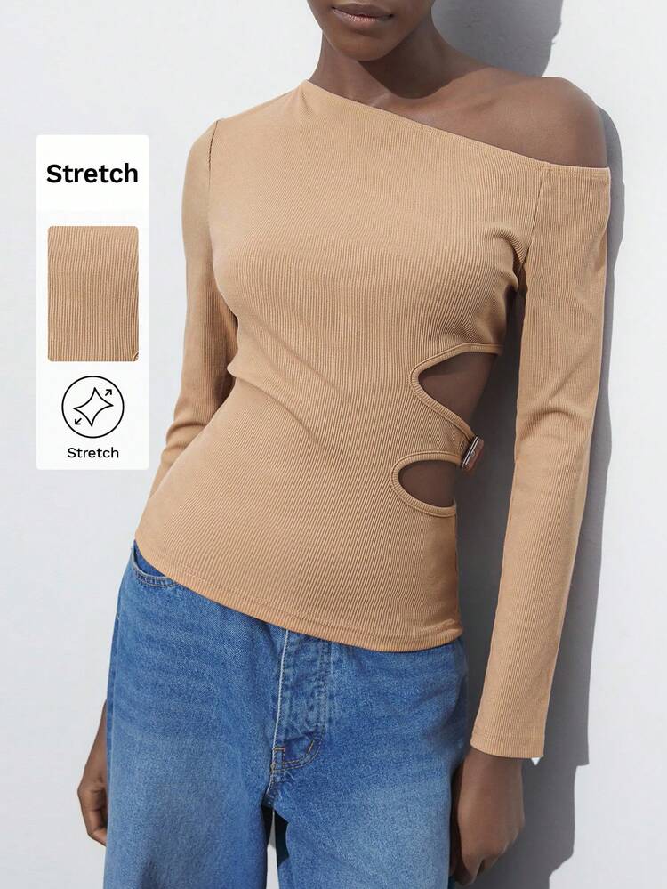 SHEIN Maija Women's Spring Early Spring Khaki Plain Asymmetric Collar Waist Hollow Out Metal Decor Button Fitted Long Sleeve Fashion Casual Minimalist T-Shirt,Fall Women Clothes,European Summer