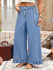 EMERY ROSE Plus Size Denim Vacation Style Frill Trim Wide Leg Pants - Medium Wash - View 3