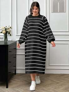 EURMUSE Striped Pattern Raglan Sleeve Sweater Dress Without Belt - Black and White - View 5