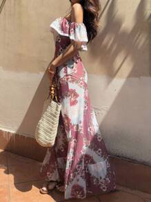 Sunnyshic Elegant Floral Print Off Shoulder Dress For Vacation - Multicolor - View 8