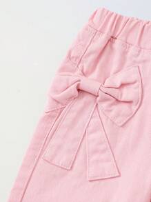 SHEIN Playful Pals 女孩休闲百搭百搭可爱蝴蝶结提花个性口袋舒适宽松直筒水洗牛仔裤，适合日常穿着 - 淺粉色 - 查看 4