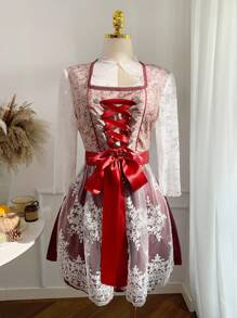 SHEIN EZwear 蕾丝对比拼布提花甜美浪漫 Dirndl 加大码 A 字连衣裙 - 粉色 - 查看 7