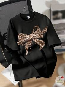休闲简约复古美式豹纹蝴蝶结装饰图案超大针织 T 恤，适合少女，黑色，柔和垃圾摇滚风格，适合夏季上衣、衬衫
