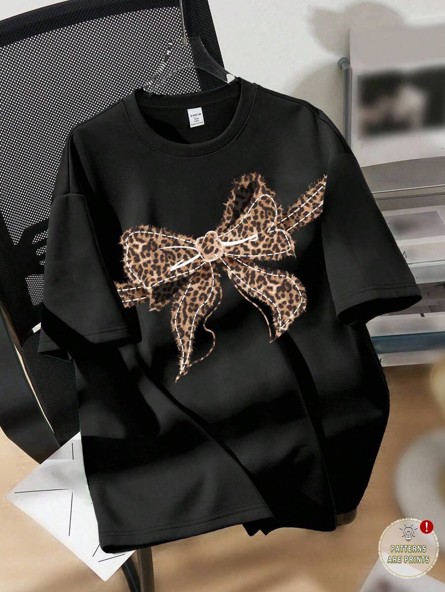 休闲简约复古美式豹纹蝴蝶结装饰图案超大针织 T 恤，适合少女，黑色，柔和垃圾摇滚风格，适合夏季上衣、衬衫