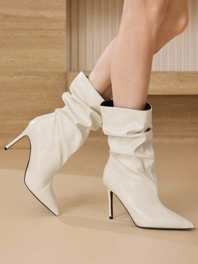 RHINESTONE POINTED TOE HIGH HEEL RUCHED OVER-THE-KNEE BOOTS
