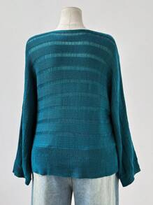 Sweetra Suéter de punto calado de color azul menta estilo Y2K/bohemio para mujer de talla grande, adecuado para vacaciones, apto para todas las estaciones de otoño e invierno