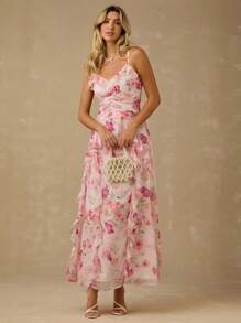 Enchnt Frühlings-/Sommer-romantisches Damen-Maxikleid mit rosa Blume Muster, Spaghettiträgern, geraffter Taille und Rüschensaum, süß und elegant für Urlaub, Date, Feiertage, Party, Abschluss, Hochzeitsgast, Strand, Abschlussball, Sommerkleider für Damen, Sommerkleider, Sommerkleidung, elegante Partykleider, Boho-Kleidung für Damen