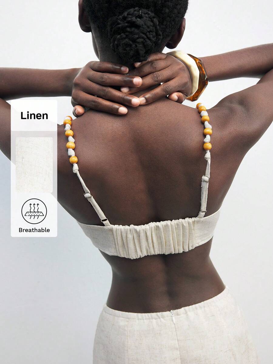 Maija 2pcs/Set Women Summer Vacation Beads Spaghetti Strap Cropped Top And Skirt - Beige - View 1