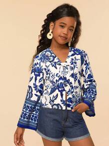 SHEIN Tween Girls' Floral Pattern Long Sleeve Casual Vacation Blouse - Blue and White - View 5