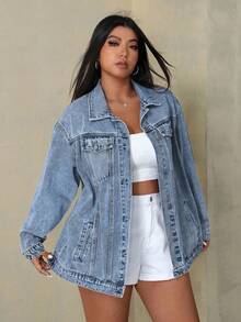Jeanoix Plus Size Washed Loose Denim Jacket