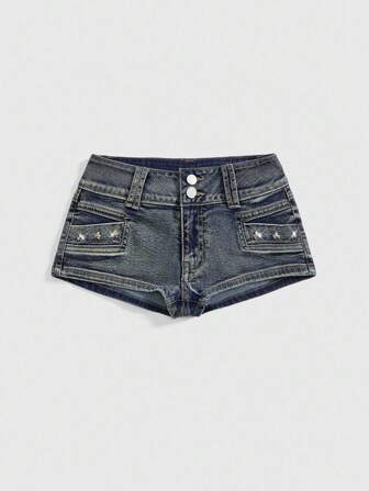 Grunge Punk Plus Size Women Vintage Distressed Skull Studded Denim Shorts,Back To School