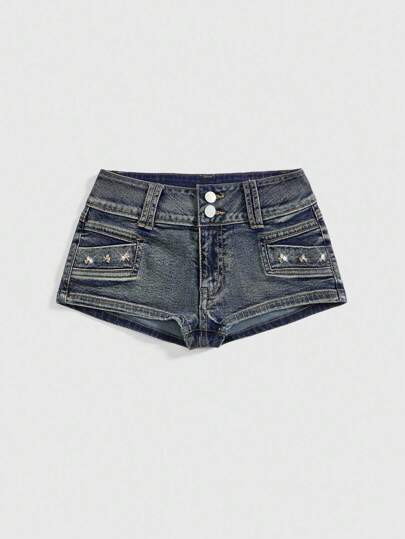 Grunge Punk Plus Size Women Kpop Vintage Distressed Skull Studded Denim Shorts,Back To School