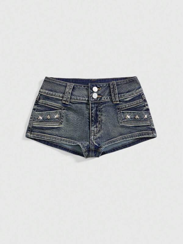 ROMWE Grunge Punk Plus Size Women Vintage Distressed Skull Studded Denim Shorts