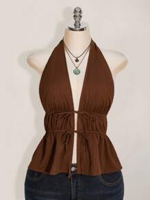 SHEIN ICON 大码女式系带前褶边露背吊带上衣，适合海滩度假、夏季约会穿着 - 棕色 - 查看 4