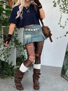 ROMWE Fairycore 大码女式嬉皮风格蝴蝶网眼拼布落肩 T 恤，海军蓝 - 藏蓝色 - 查看 3