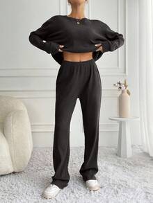 SHEIN Tall 2件組女款純色圓領套頭上衣與長褲休閒套裝，適合高個女性 - 棕色 - 查看 3