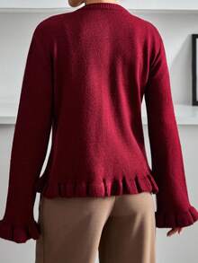 EURMUSE Women's Solid Color Drop Shoulder Long Sleeve Single-Breasted Casual Knit Cardigan Red Cardigan Women Burgundy Cardigan Sweater Ruffle Cardigan Womens Fall Sweaters Womens Winter Sweaters,Petite Cardigans,Cardigans - Burgundy - View 7