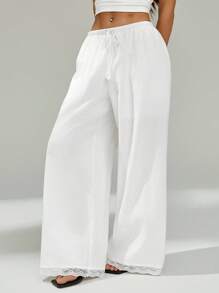 SHEIN PETITE 白色亚麻抽绳低腰撞色蕾丝边阔腿长裤 - 白色 - 查看 3
