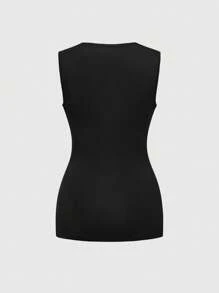 ROMWE Grunge Punk Áo ba lỗ khoen kim loại kiểu Punk cổ xẻ sâu ôm sát dành cho nữ - màu đen - Xem 2