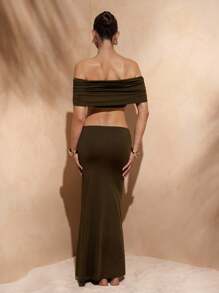 Hauture 女式纯色露肩荷叶边镂空紧身性感连衣裙 - 綠色 - 查看 4