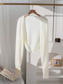 Sparklyn 少女纯色宽松开襟休闲短款针织衫，不对称下摆，修身剪裁，米色针织衫，秋冬款 - 米色 - 查看 3