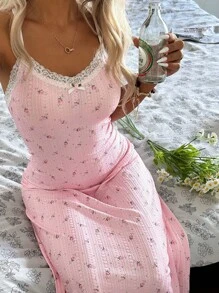 CottageSlumber Romantic-Flora Midi Length Pink Sleep Dress With Plant Pattern And Feminine Spaghetti Strap Design Pink Floral Dress Summer Dress - Pink - View 5