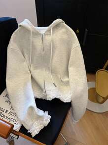 INAWLY Women Contrast Lace Trim Hooded Sweatshirt Fall