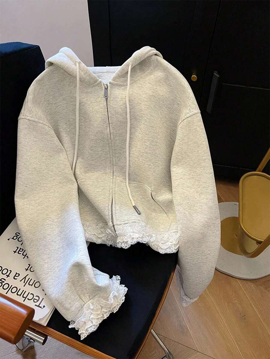 INAWLY Women Contrast Lace Trim Hooded Sweatshirt Fall