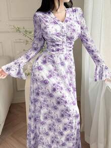 Feyla Robe femme élégante à imprimé floral all-over - Prune - Voir 7