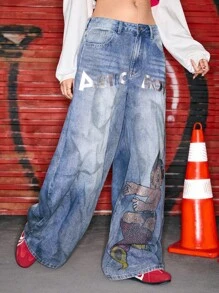 Astro Boy X ROMWE Rhinestone Embellished Extra Loose Low Waist Baggy Women's Jeans - Blue - View 7