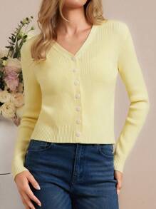 Amorya Women's Solid Color Cream Yellow Single-Breasted Long Sleeve Cardigan, Suitable For Daily Wear, Long Sleeve Top Suitable For Commute 2025new  Casual Versatile Yellow Metal Button Thin Cardigan Autumn Winter Clothes For Women - Yellow - View 6