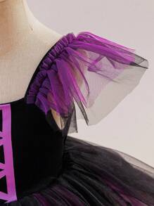 Glamorique Kids Girls' Princess Dress, Halloween Black And Purple Contrast Mesh Floral Dress, Small Flying Sleeves, Halloween Costume, Halloween Dress-Up Costume, Autumn Dress, Birthday Party Dress, Seasonal Mesh Dress, Knitted Camisole Dress, COS Costume Fall Winter
