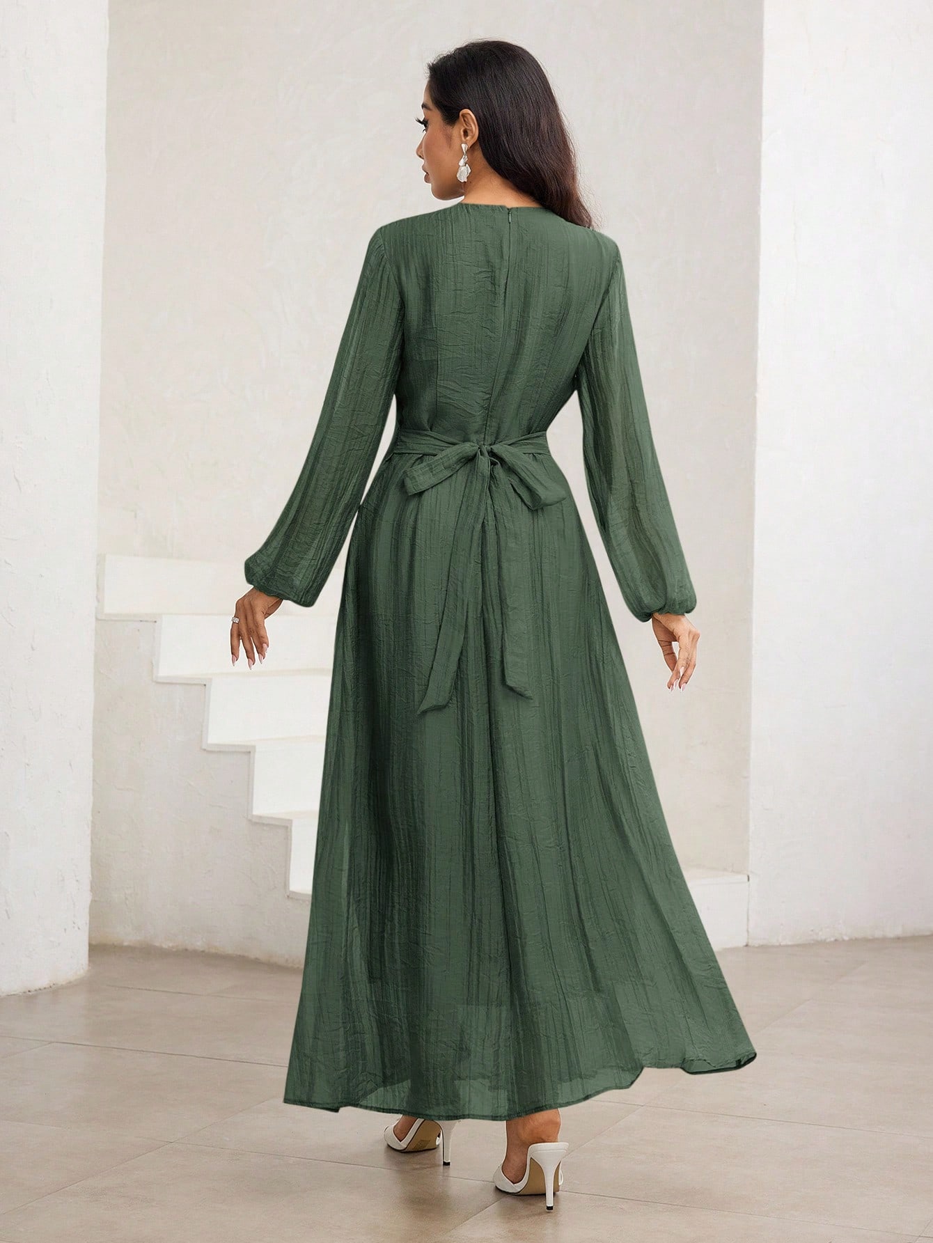 Veilorie فستان منتفخ الخصر عالي الياقة مع أكمام ٣/...