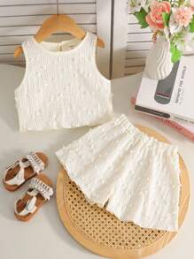 SHEIN 女婴休闲度假圆领提花针织无袖上衣和短裤套装 - 杏色 - 查看 2