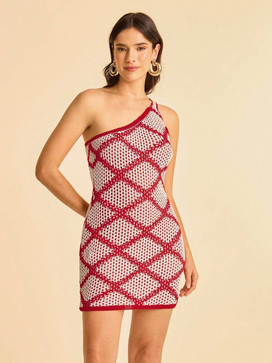 CAJUNI 女式波西米亚热带假日休闲红白钩针挂脖连衣裙